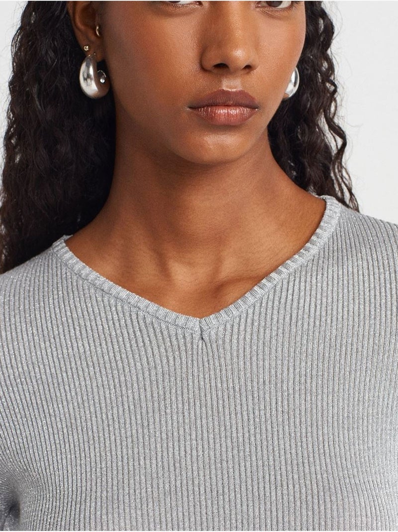 Pull femme slim à col v côtelé dilvin Argent - Kiabi