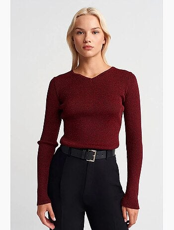 Pull femme slim à col v côtelé dilvin