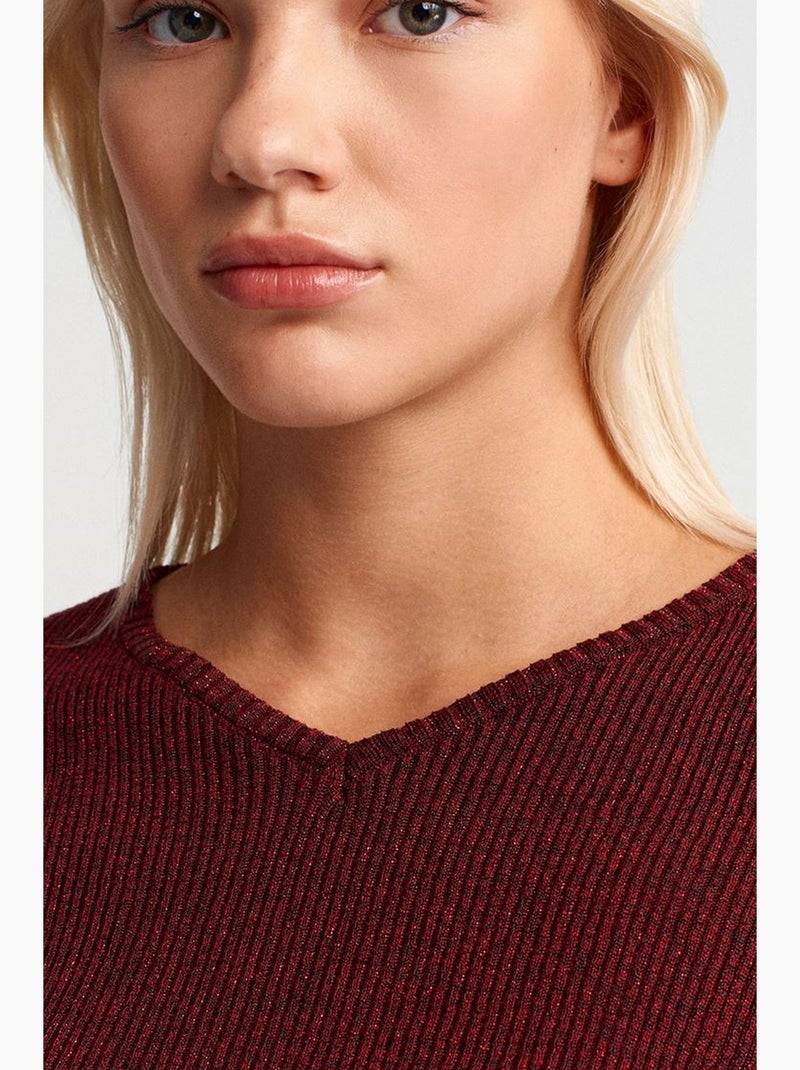 Pull femme slim à col v côtelé dilvin Rouge bordeaux - Kiabi