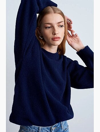 Pull femme uni à col rond et maille côtelée dilvin