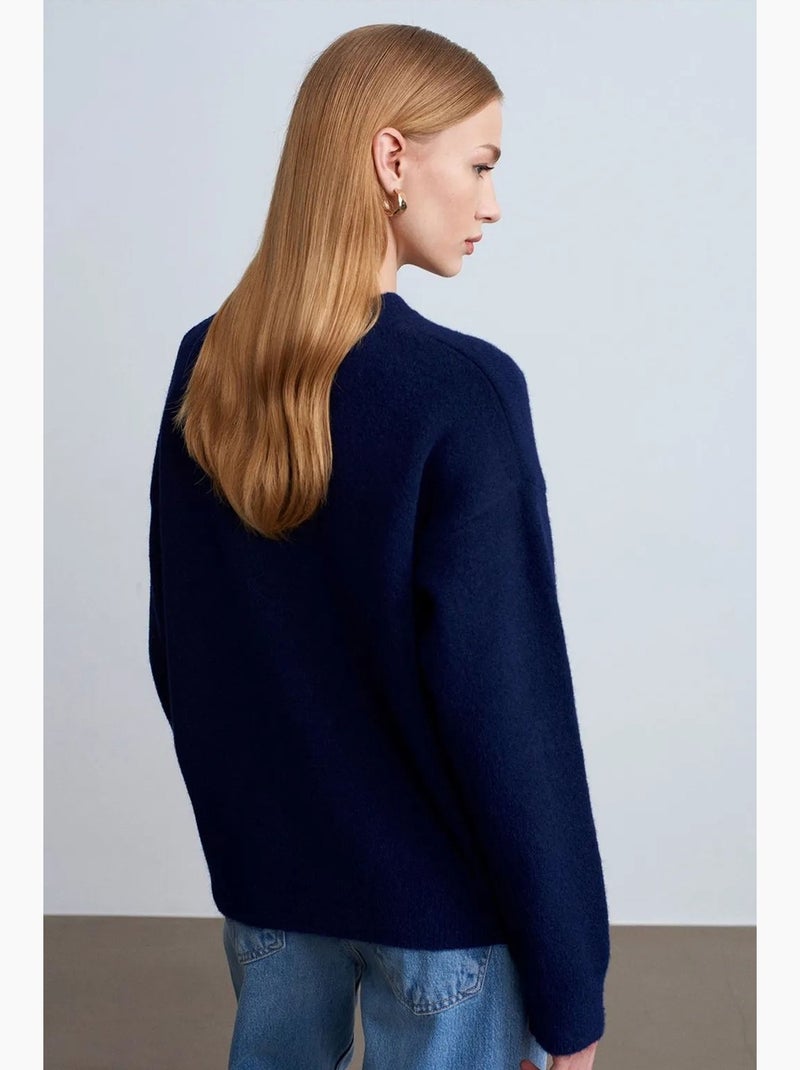 Pull femme uni à col rond et maille côtelée dilvin Bleu marine - Kiabi