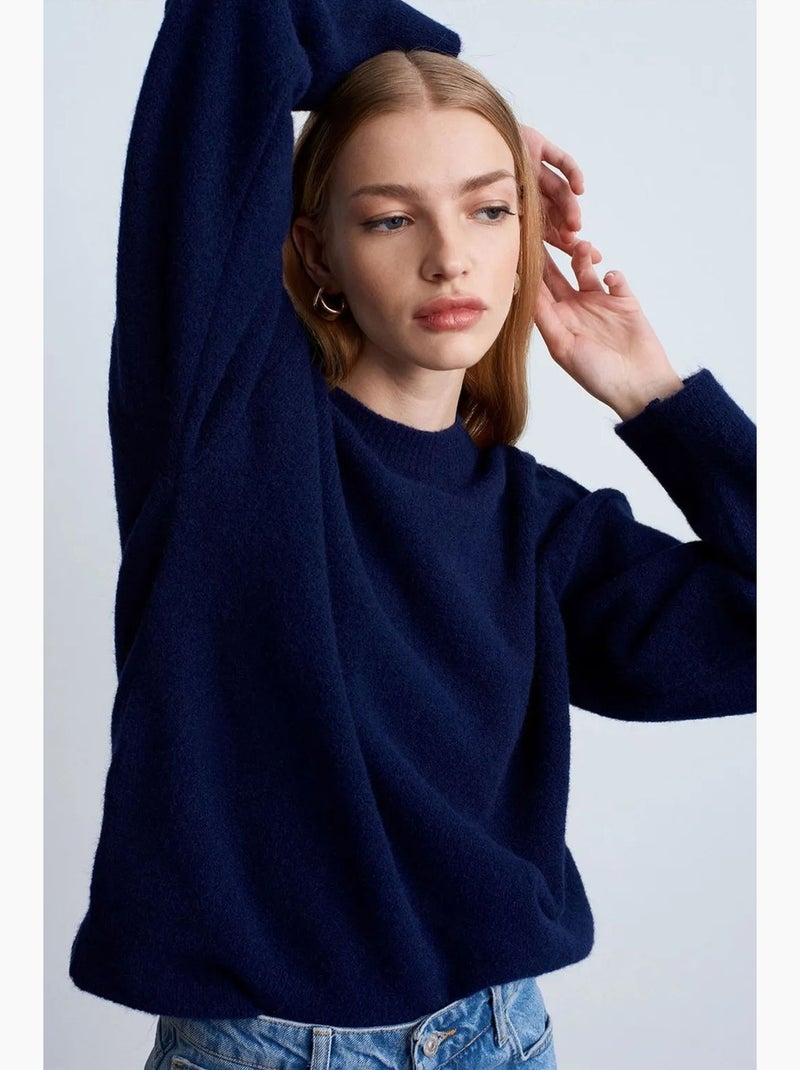Pull femme uni à col rond et maille côtelée dilvin Bleu marine - Kiabi