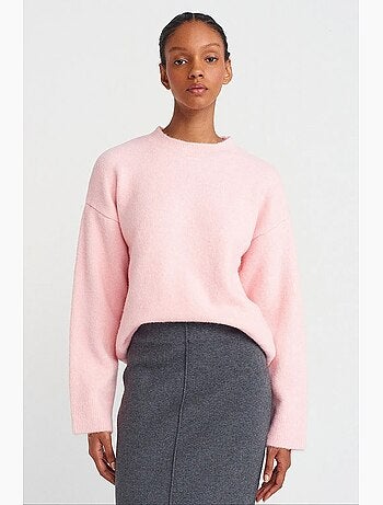 Pull femme uni à col rond et maille côtelée dilvin