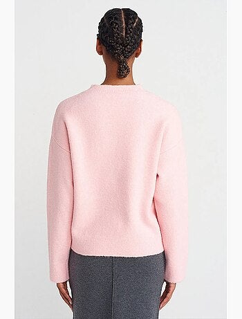 Pull femme uni à col rond et maille côtelée dilvin