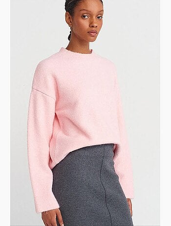 Pull femme uni à col rond et maille côtelée dilvin
