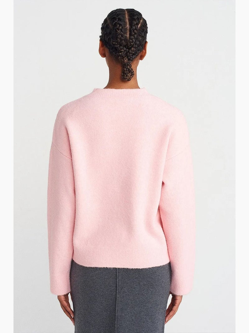 Pull femme uni à col rond et maille côtelée dilvin Rose dragée - Kiabi