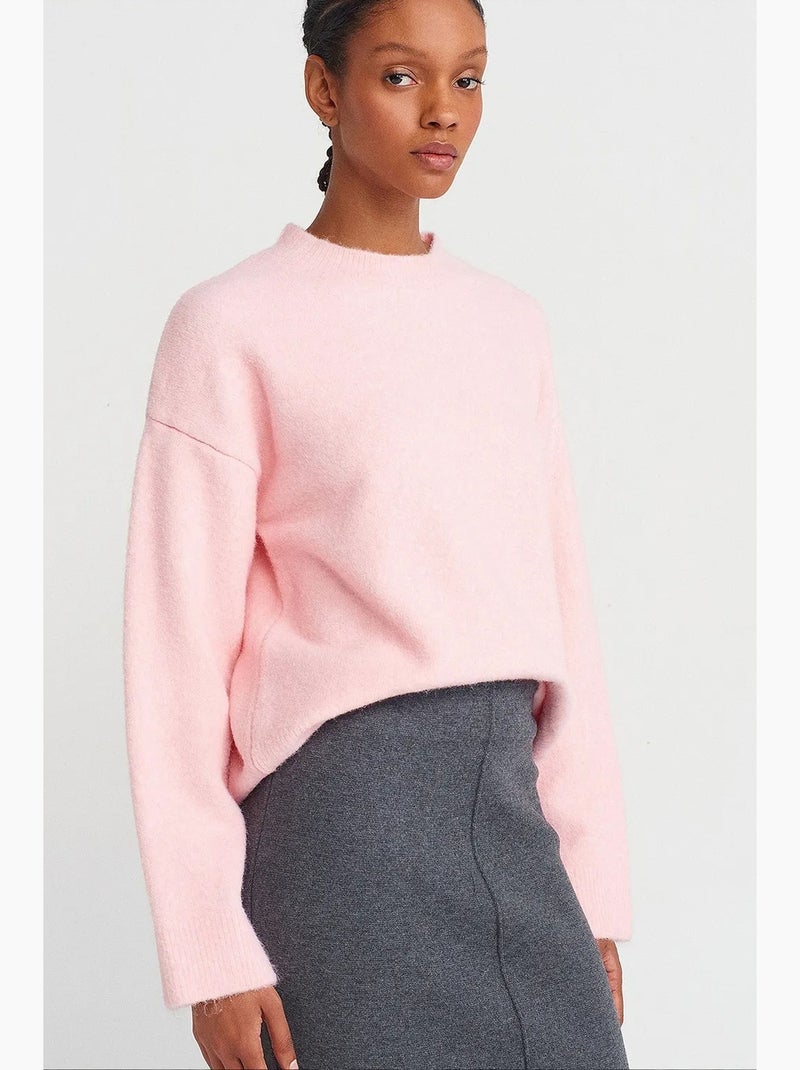 Pull femme uni à col rond et maille côtelée dilvin Rose dragée - Kiabi