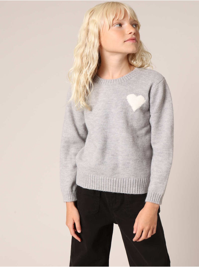 Pull fille en maille avec cœur contrastée 'Deeluxe' Gris clair