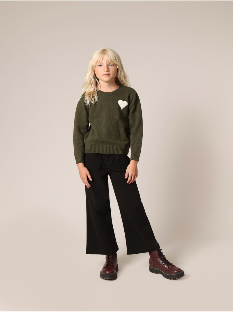 Pull  fille en maille avec cœur contrastée 'deeluxe' Kaki foncé - Kiabi