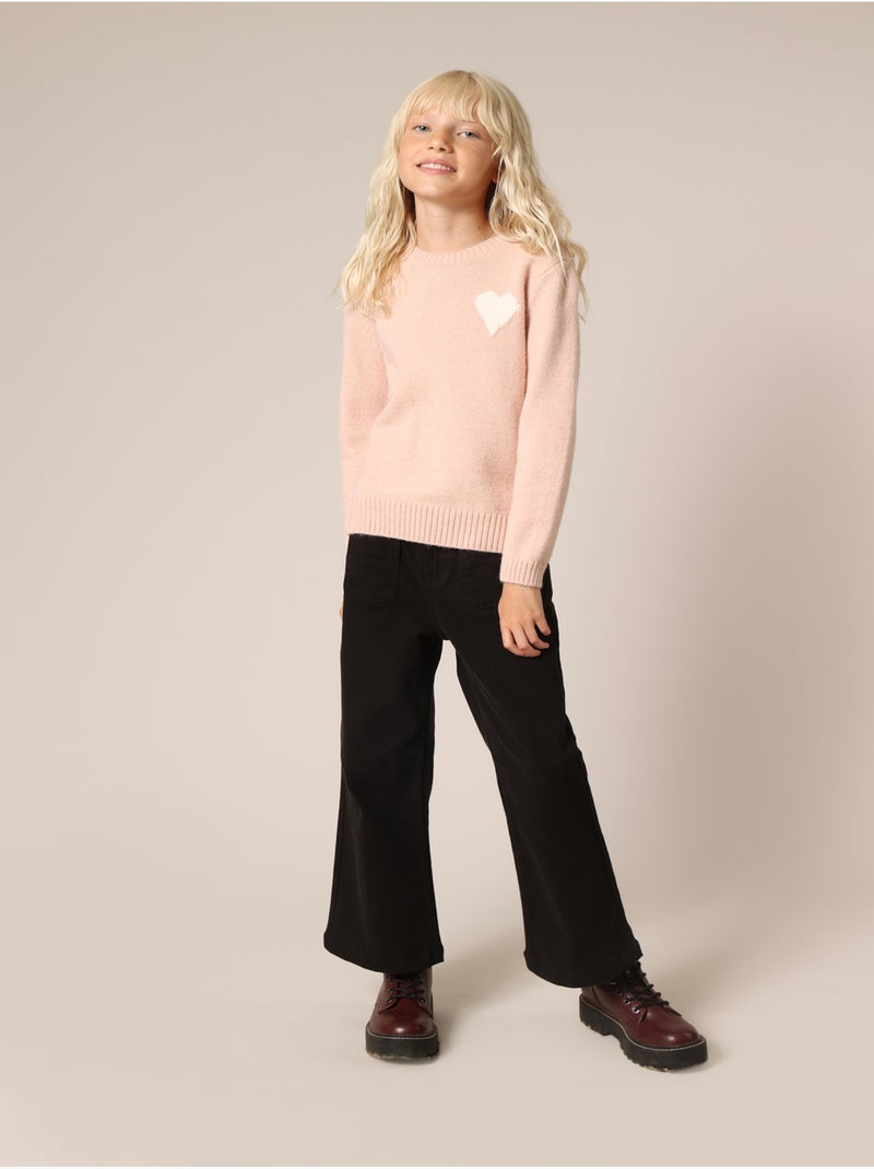 Pull  fille en maille avec cœur contrastée 'deeluxe' Rose - Kiabi
