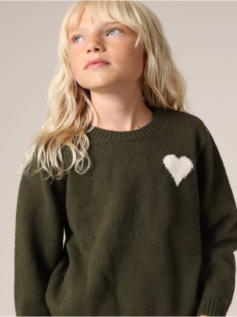Pull  fille en maille avec cœur contrastée 'Deeluxe' Vert bouteille - Kiabi