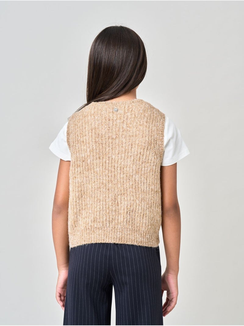 Pull fille en maille, sans manches 'deeluxe' Marron cappuccino - Kiabi