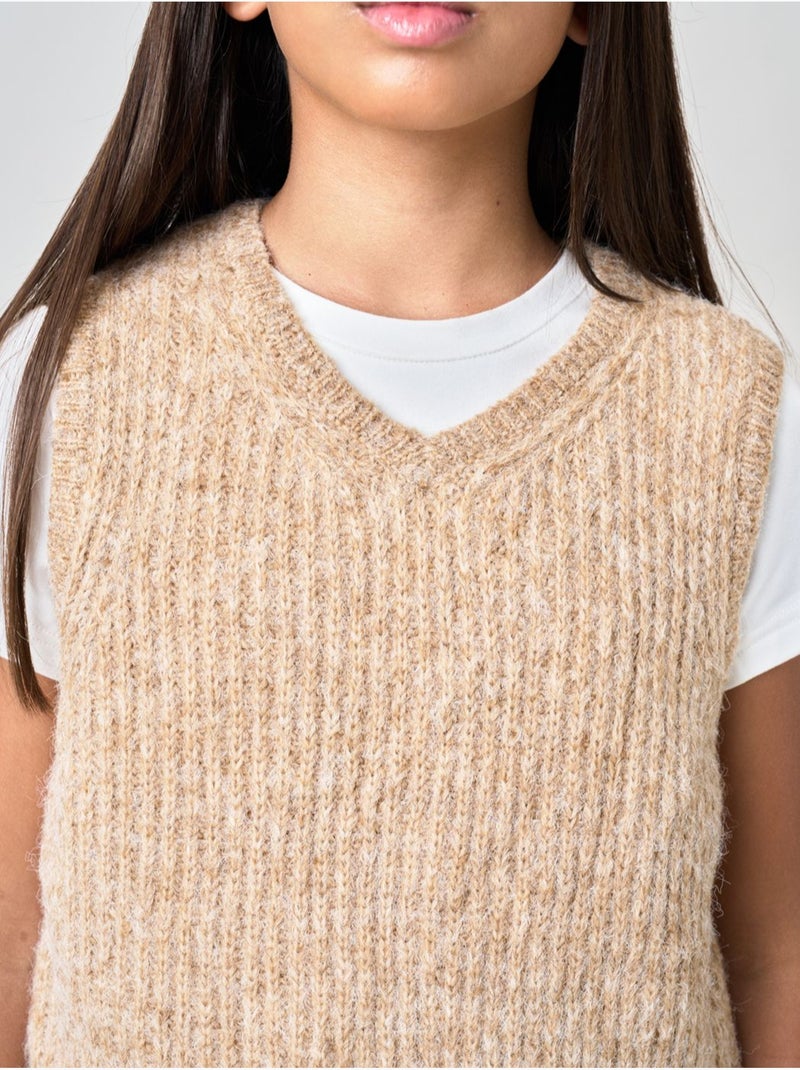 Pull fille en maille, sans manches 'deeluxe' Marron cappuccino - Kiabi