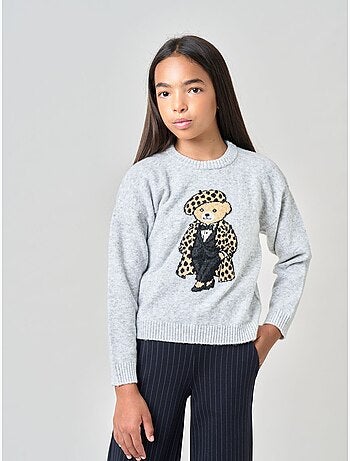 Pull fille maille douce motif ourson 'Deeluxe'