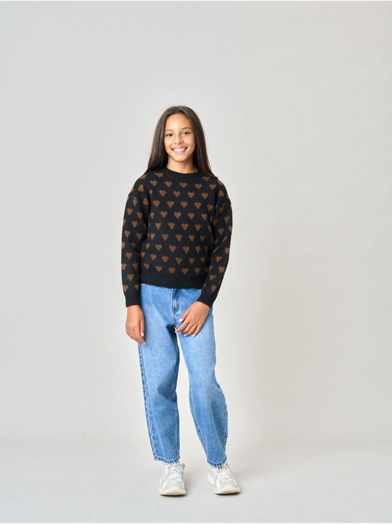 Pull fille motif cœurs en maille douce 'deeluxe' Noir - Kiabi