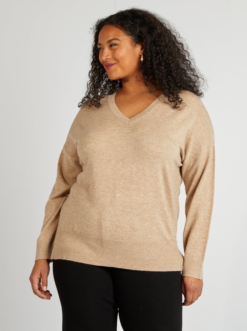 Pull fin à col V Beige - Kiabi