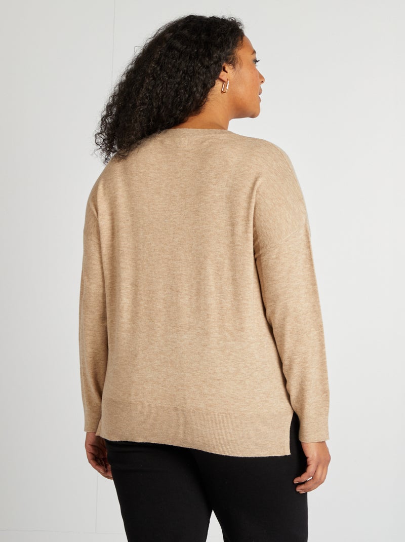 Pull fin à col V Beige - Kiabi