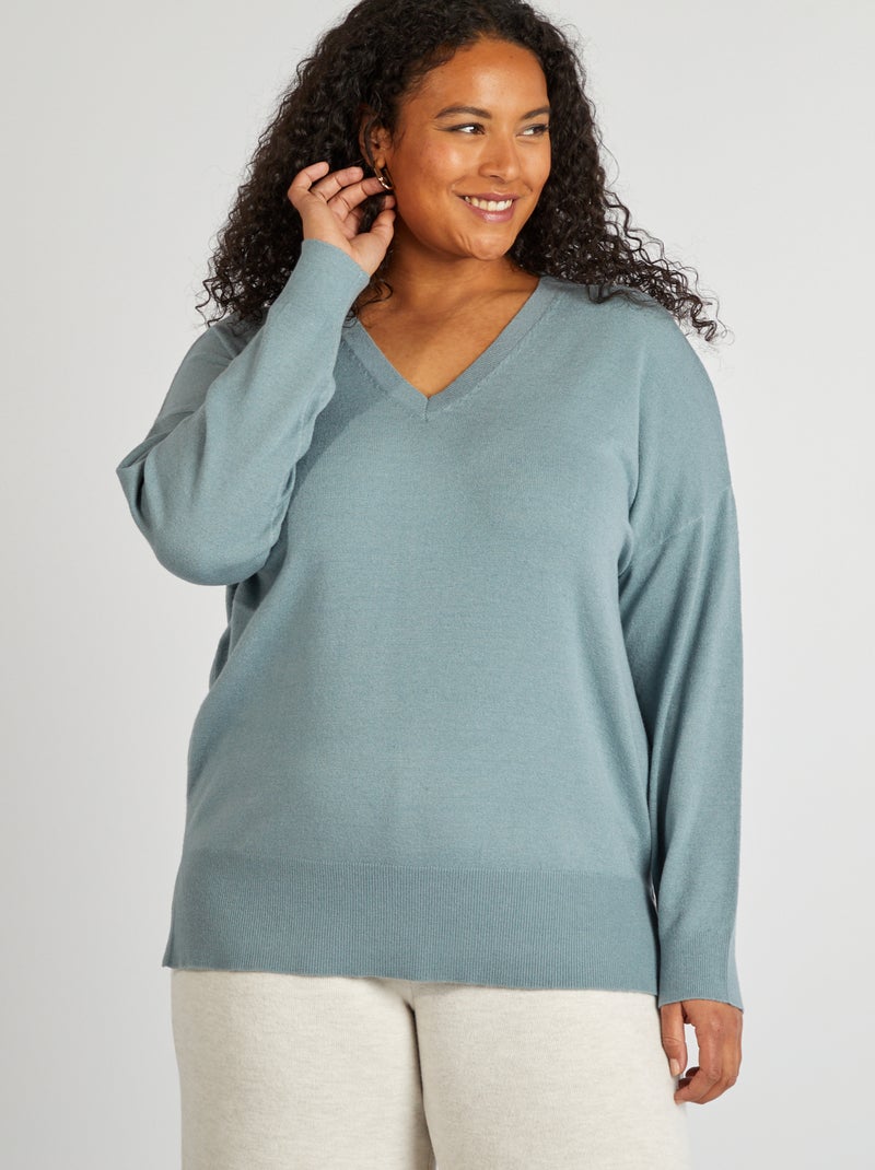 Pull fin à col V Bleu - Kiabi