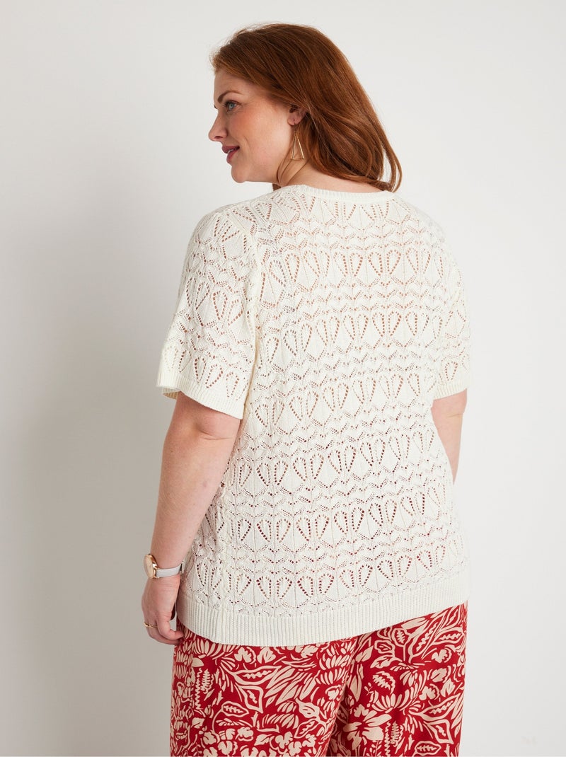 Pull fin ajouré coton manches courtes - Afibel Beige - Kiabi