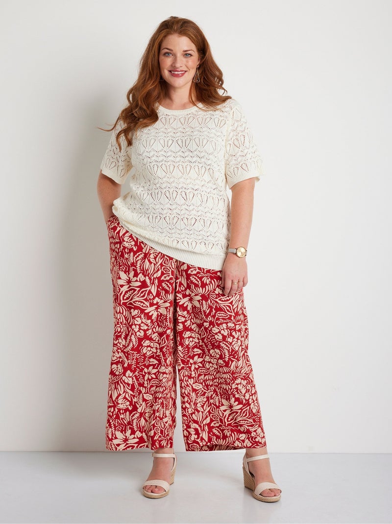 Pull fin ajouré coton manches courtes - Afibel Beige - Kiabi