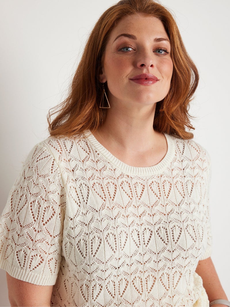 Pull fin ajouré coton manches courtes - Afibel Beige - Kiabi
