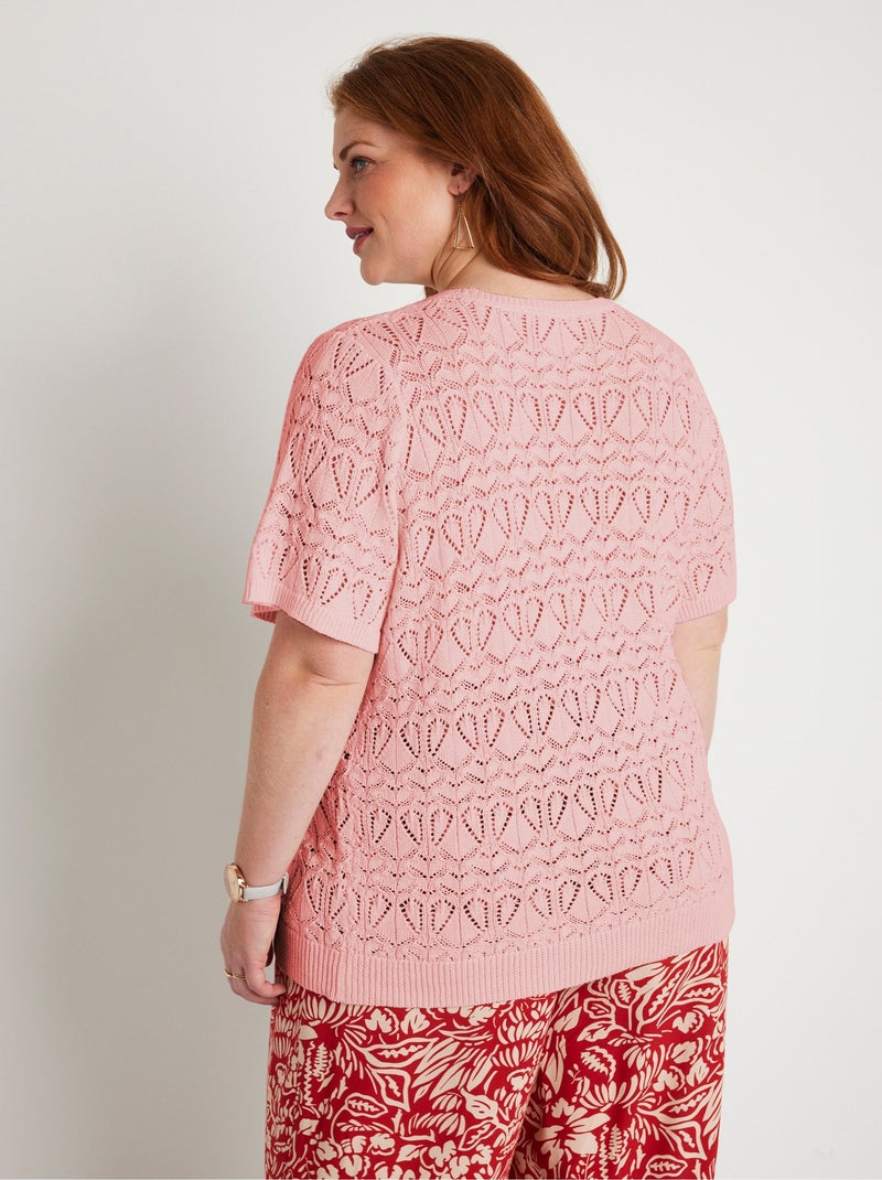 Pull fin ajouré coton manches courtes - Afibel Rose - Kiabi