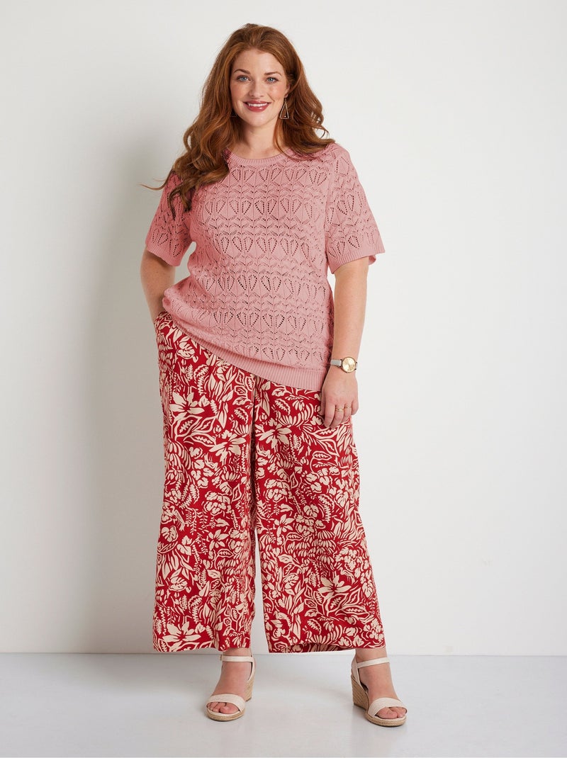 Pull fin ajouré coton manches courtes - Afibel Rose - Kiabi