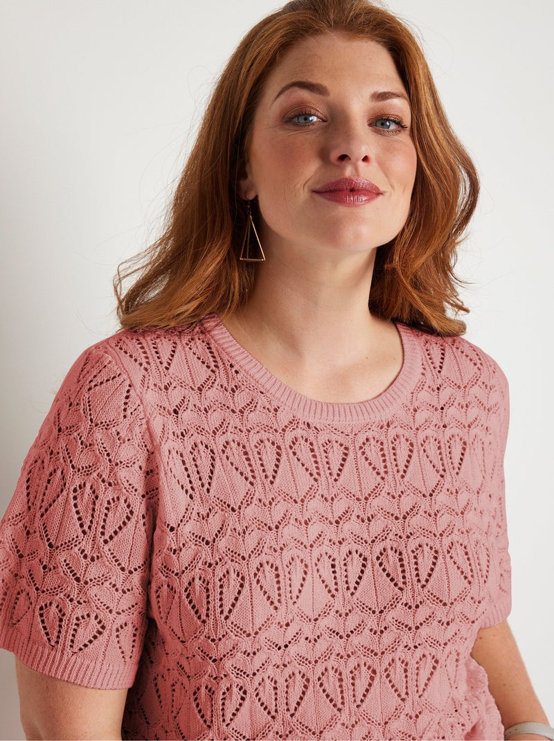 Pull fin ajouré coton manches courtes - Afibel Rose - Kiabi