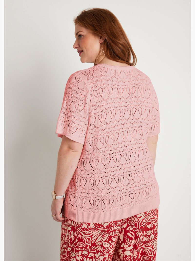 Pull fin ajouré coton manches courtes - Afibel Rose poudré - Kiabi