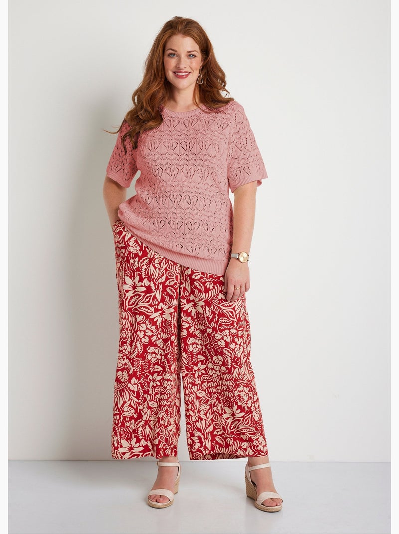 Pull fin ajouré coton manches courtes - Afibel Rose poudré - Kiabi