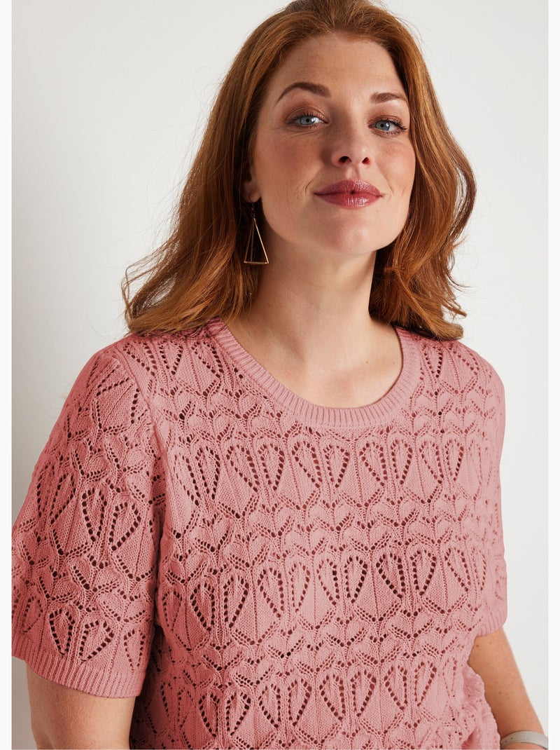 Pull fin ajouré coton manches courtes - Afibel Rose poudré - Kiabi