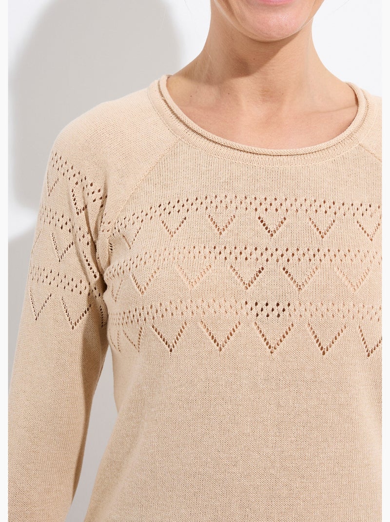 Pull fin ajouré manches longues raglan - Afibel Beige - Kiabi
