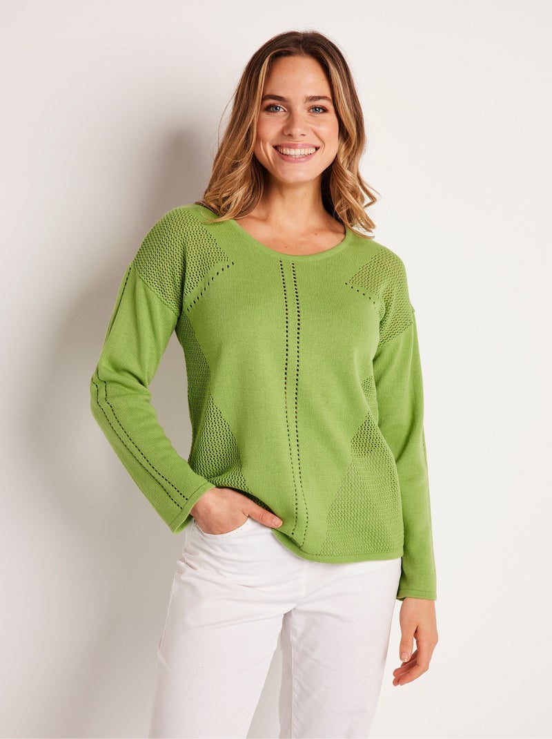 Pull fin ajouré manches longues Vert - Kiabi