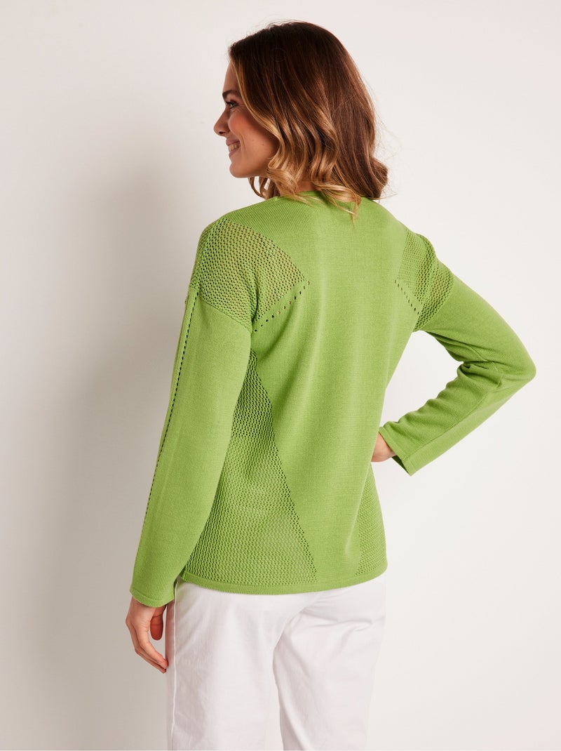 Pull fin ajouré manches longues Vert - Kiabi