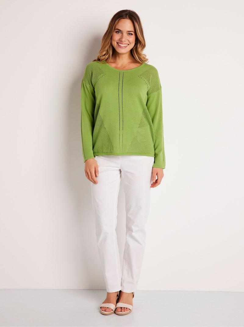 Pull fin ajouré manches longues Vert - Kiabi