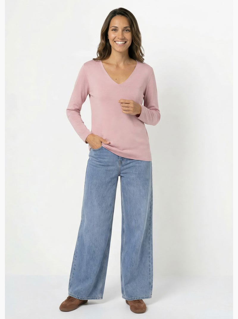 Pull fin avec angora et laine, col V - AFIBEL Rose - Kiabi