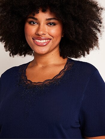 Pull fin brodé manches courtes - Afibel