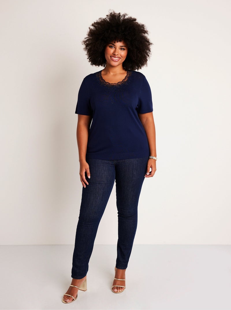 Pull fin brodé manches courtes - Afibel Bleu - Kiabi
