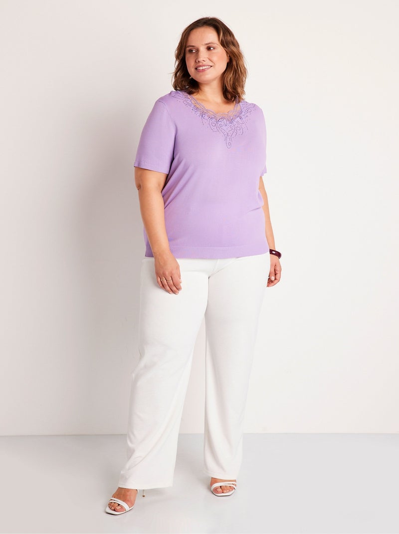 Pull fin brodé manches courtes - Afibel Violet - Kiabi