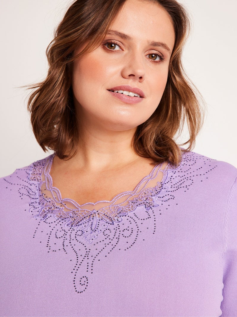 Pull fin brodé manches courtes - Afibel Violet - Kiabi