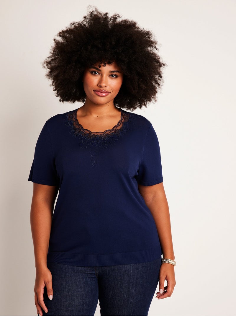 Pull fin brodé manches courtes Bleu - Kiabi