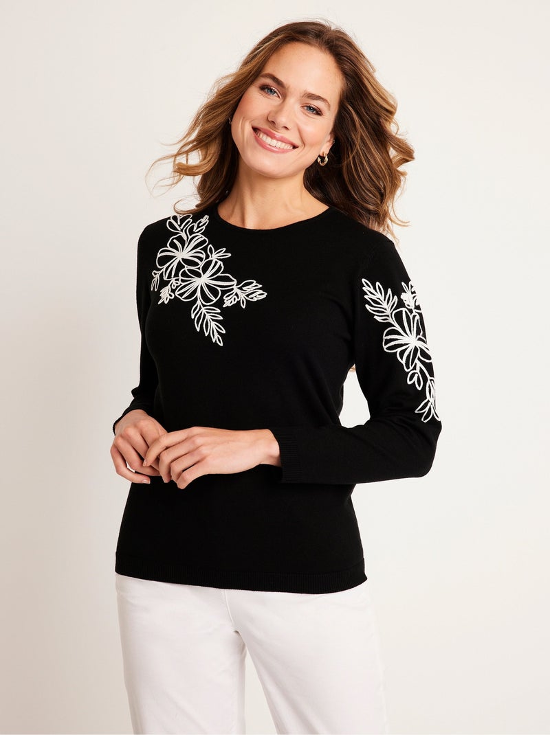 Pull fin brodé Noir - Kiabi