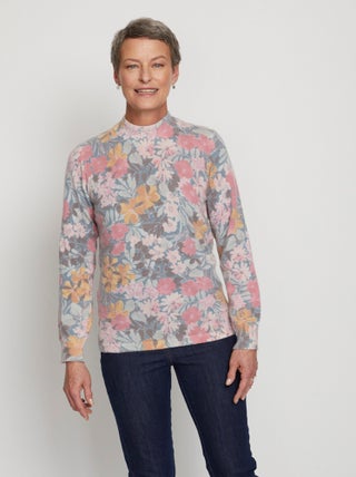 Pull fin chaud imprimé col rond mélange laine