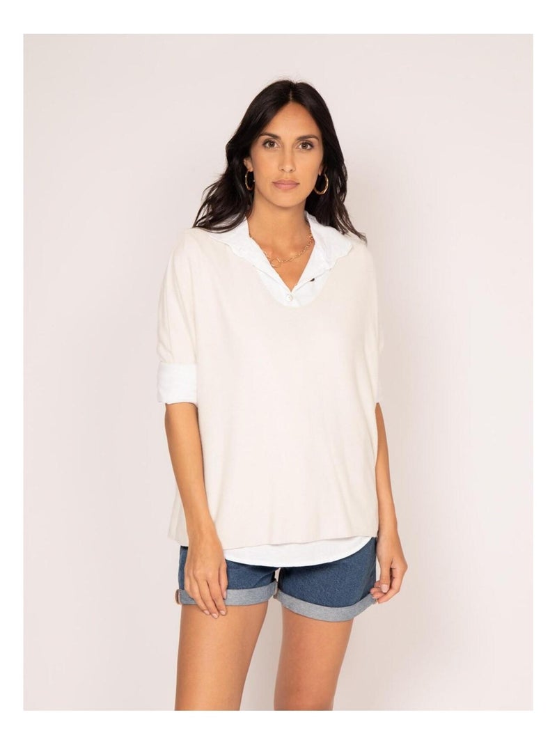 Pull fin col chemise KRYS Ecru - Kiabi