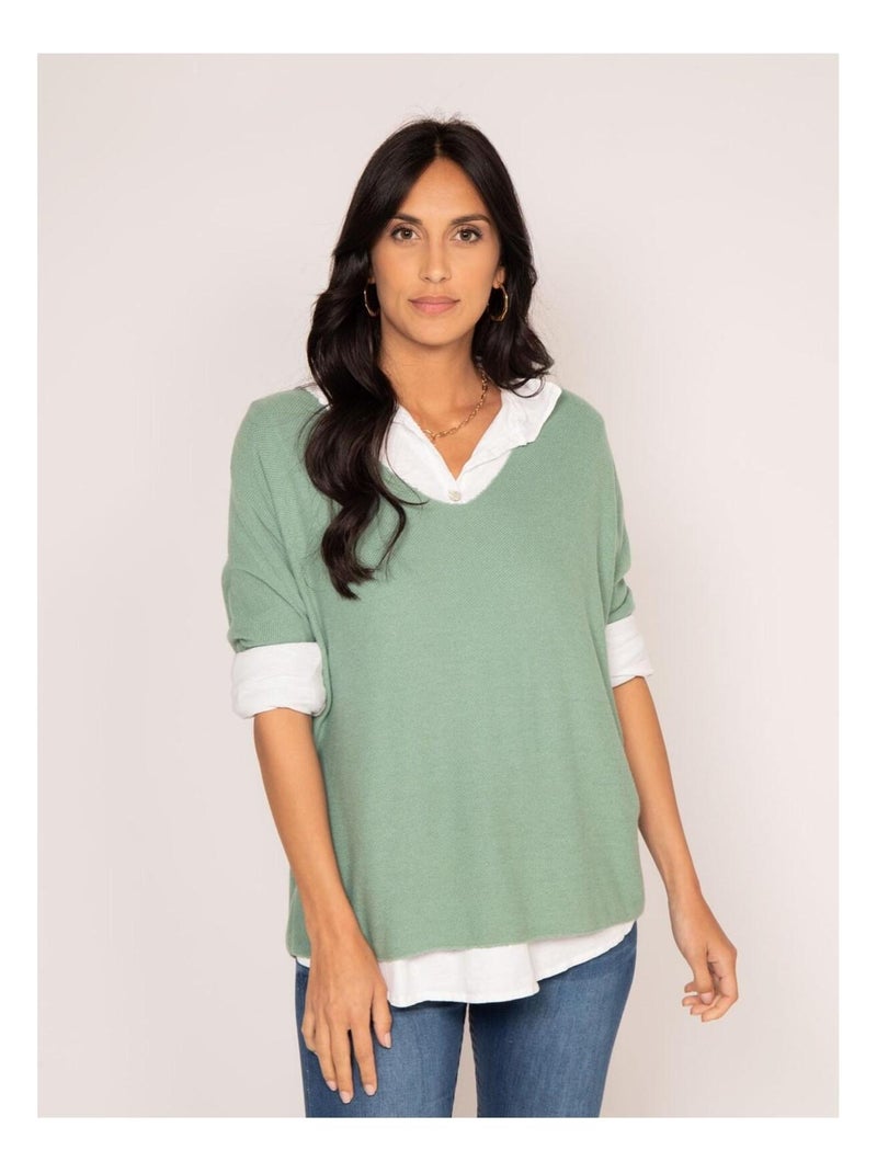 Pull fin col chemise KRYS Vert d'eau - Kiabi