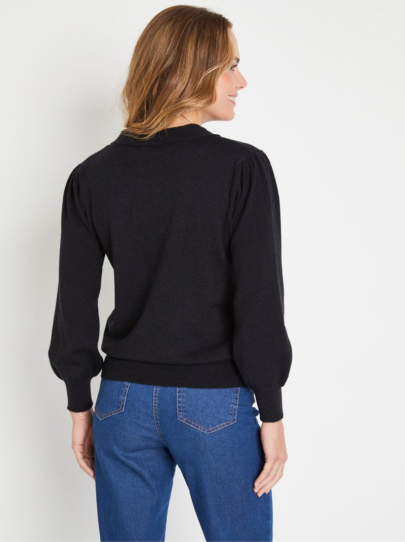 Pull fin col cravate mélange laine - Afibel Noir - Kiabi