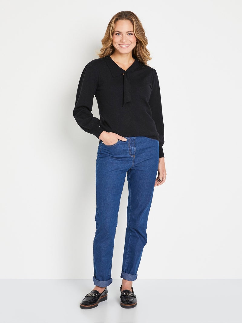 Pull fin col cravate mélange laine - Afibel Noir - Kiabi