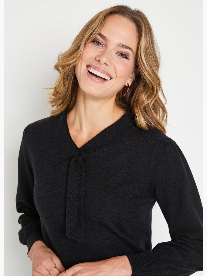 Pull fin col cravate mélange laine - Afibel Noir - Kiabi