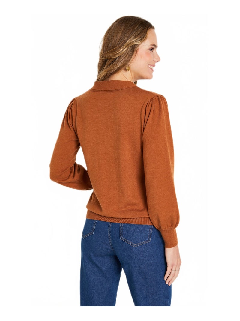Pull fin col cravate mélange laine Marron caramel - Kiabi