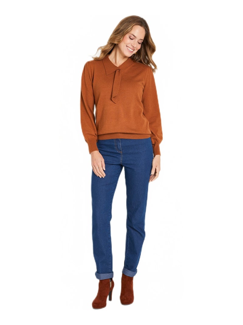 Pull fin col cravate mélange laine Marron caramel - Kiabi